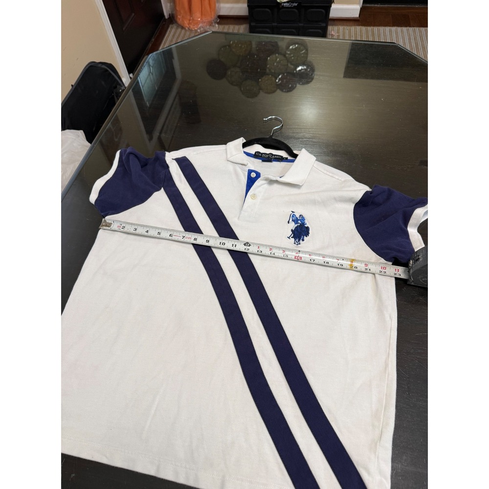US Polo Assn Mens Large Polo Shirt Cream White Navy Blue Diagonal Stripe Cotton - Picture 3 of 6